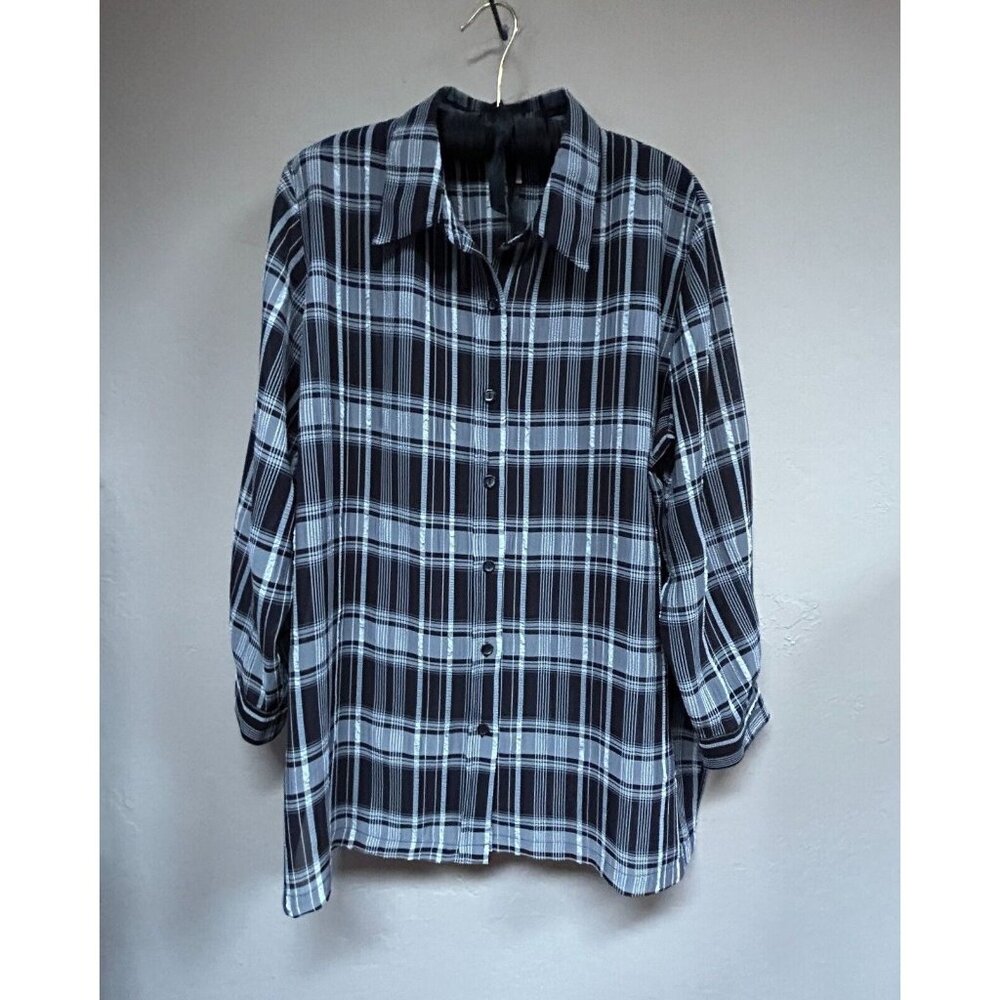 Travel Smith Women's Button Down Tunic Shirt Size Petite Large Plaid Black Gray